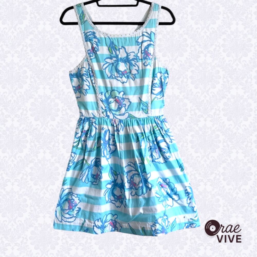 Lilly Pulitzer Sandrine Mini Dress Blue Striped Floral Pearl Detail Size 6